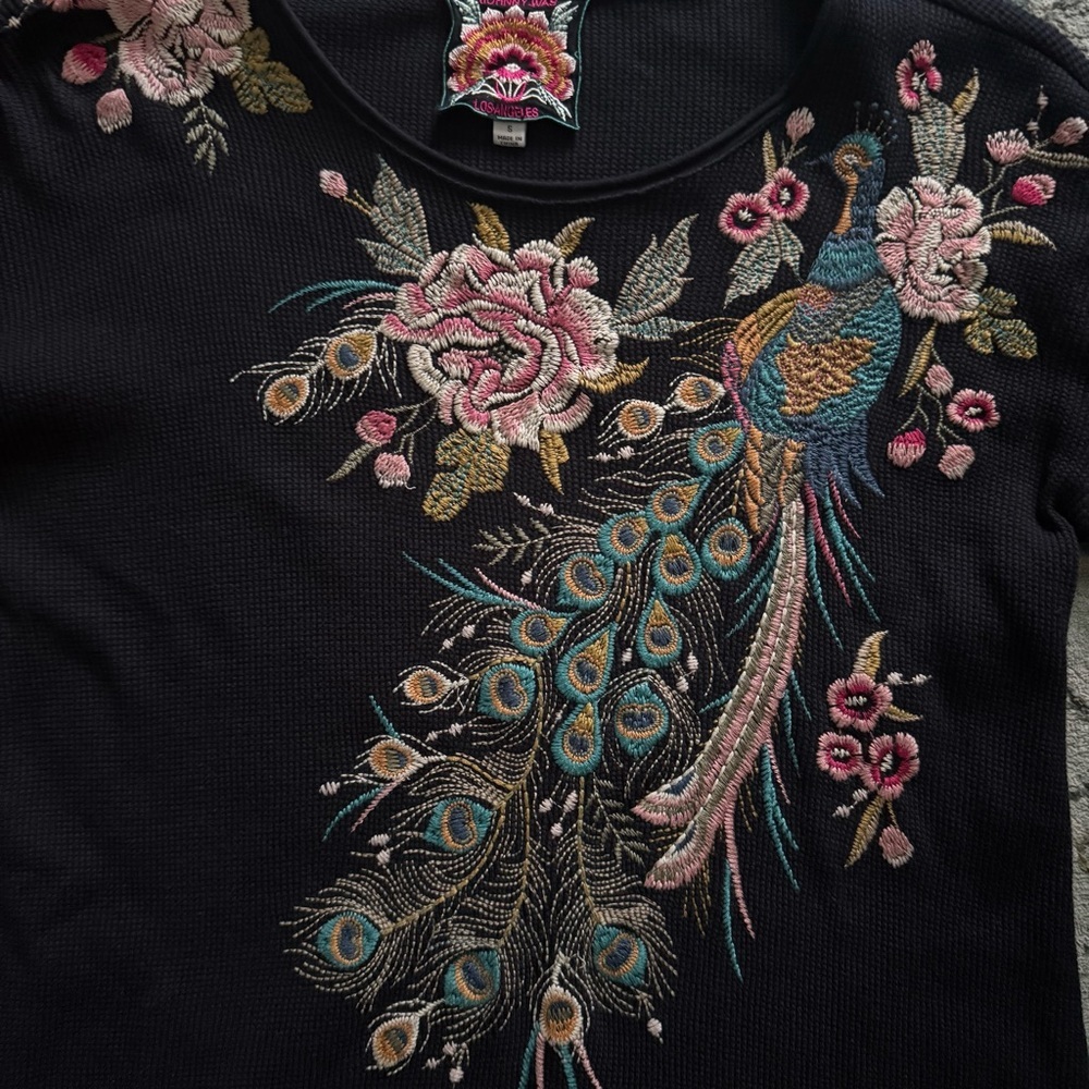 Johnny Was Peacock Embroidered Thermal Top Black – Small - Picture 11 of 13